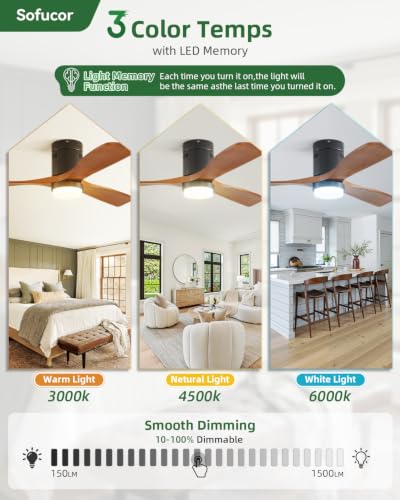 Sofucor 52 Inch Walnut Brown & Black Wood Ceiling Fan with Lights & Remote, Low Profile