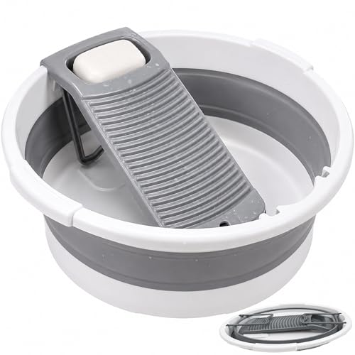 VEMJO Gray White 20x20 Inch Collapsible Laundry Basin with Detachable Washboard, 8 Gallon Capacity for Hand Washing, Camping & Small Spaces