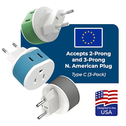OREI European Type C Power Plug Adapter with 2 US Inputs - Travel 3 Pack - Compatible with Turkey, Italy, Iceland - Model Type C- Europe