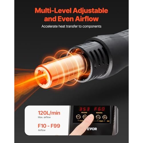 VEVOR 2-in-1 Hot Air Rework Station & Soldering Station, 750W Digital Rework and Soldering Iron Station with Adjustable Temps & Airflow, ¡É/¢µ Conversion, 3 Hot Air Nozzles for Electronics Repairing