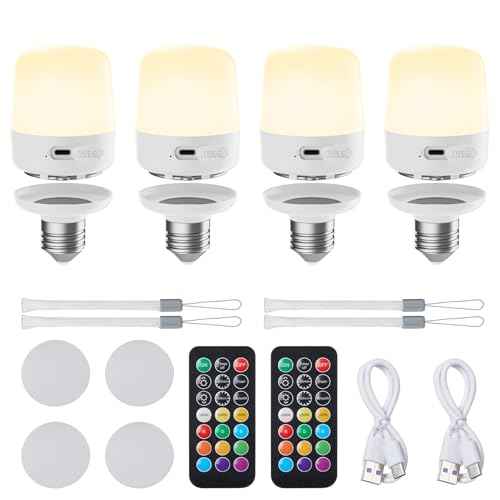 Minetom E26 Rechargeable Light Bulbs with Remote and Timer, Battery Backup Bulb with 12 Colors and Brightness Dimmable, 2300mAh 40W Equivalent LED Light Bulbs for Lamps Sconces Camping, 4 Pack