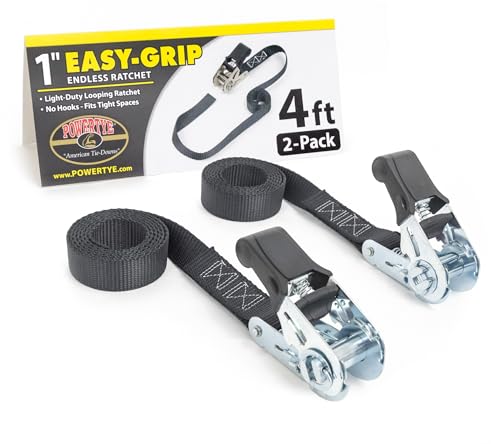 PowerTye 1in x 4ft Black Endless Ratchet Straps - 2-Pack, Easy-Grip Cargo Tie Downs