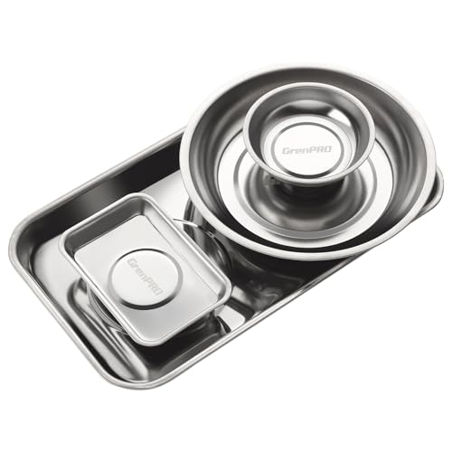 Grenpro 4-Pack Magnetic Parts Tray Set, Heavy-Duty 3/6 Inch Round & Square, Metallic Silver
