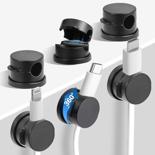 6 Pack Cable Organizer Clips for Desk - 360° Rotatable Spring-Loaded Cord Holders