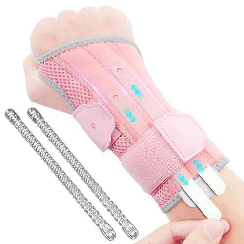 2 in 1 Carpal Tunnel Wrist Brace, 3 Adjustable Stability Wrist Support, Customized Wrist Splint with Replaceable Springs (Right - Pink, S/M)