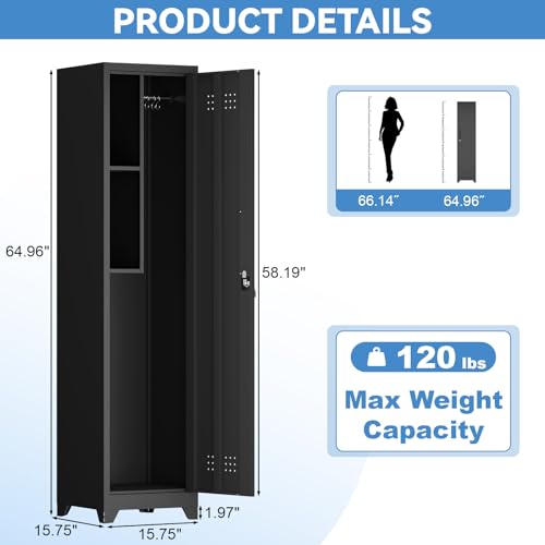 IRONFFICE Narrow Black Metal Utility Closet with Hanging Rod, 64.96 in Tall