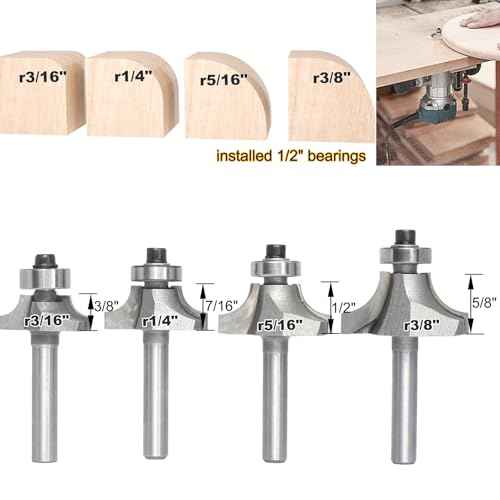 4Pcs Roundover Router Bits,Radius -3/16",1/4",5/16",3/8" Edge Forming Router Bit Set,1/4 Inch Shank,Corner Rounding Router Bits,for Round Trimming,with Ball Bearing Guide