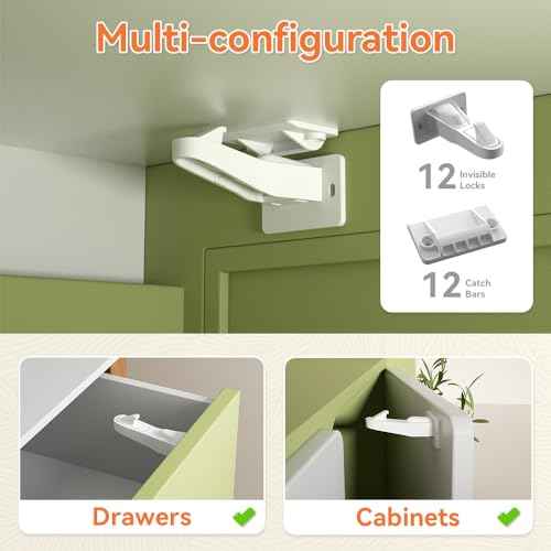 SAFELON 12 Pcs Baby Safety Cabinet Locks Childproof Drawer Locks with Screws, Kids Latch for Drawers and Cabinets, Works with Most Cabinets and Drawers.