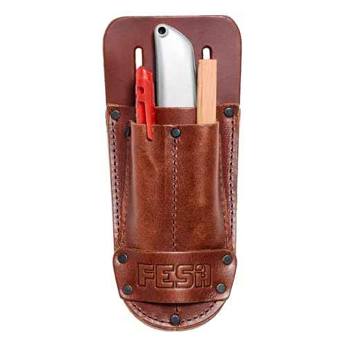 FESA Leather Utility Knife Pouch - Top Grain Leather Knife Pouch for Belt with 2 Pen/Pencil Pockets & Heavy Duty Reinforced Rivets - Fits Belts up to 2" - Handcrafted