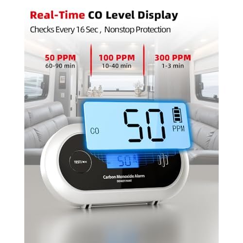 10-Year Battery Carbon Monoxide Detector, Portable Travel CO Detector Alarm for Home, Garage, RV, Camping, LCD Display with Backlight, V-0 Flame-Retardant Housing, Wall Mount or Tabletop