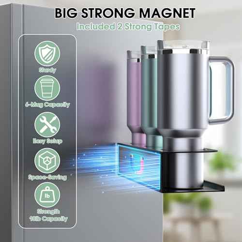 2 Pack Magnetic Stanley Cup Organizer Water Bottle Holder for Stanley 30&40 oz Tumbler with Lid Hook Straw Holder and Double Sided Tape Hold Stanley Cup Accessories for Kitchen Fridge Cabinet