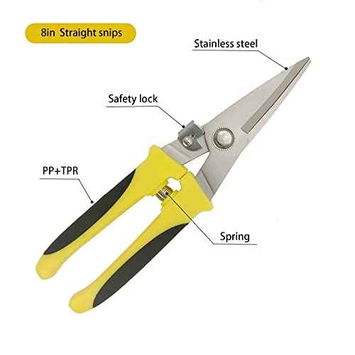 Aviation Tin Snips 8 Inch Heavy Duty Metal Cutter, Straight Shears with Stainless Steel Blade & Comfort Grips, Multifunction Cutting of Branches, Cable Wires, Thin Iron, Cardboard(Right Hand)