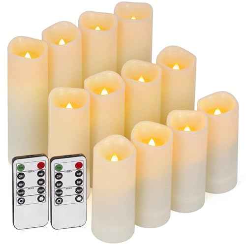 Enido 12 Pc Flameless LED Candles with Remote & Timer, Outdoor Waterproof, Flickering Electric Warm Lights for Cozy Home & Holiday Romantic Decor, Battery Operated for Party(D 2.2¡± x H 4¡±/5¡±/6¡±