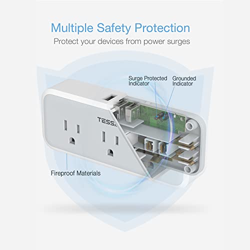 TESSAN 5 Outlets Wall Plug Extender with USB-C & Surge Protection, Grey