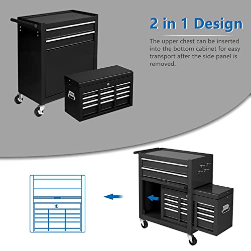 TUFFIOM 8-Drawer Rolling Tool Chest Black with Lockable Wheels & Detachable Top