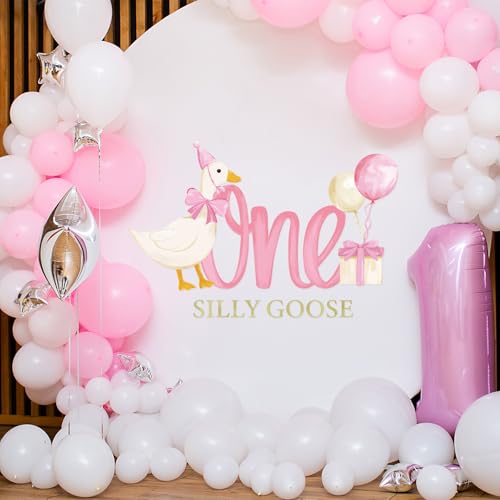 One Silly Goose Party Decal Sign Pink First Birthday Wall Sticker Pink Bow Goose Sweet Party Backdrop Photo Prop for 1st Girl Birthday Balloon Arch