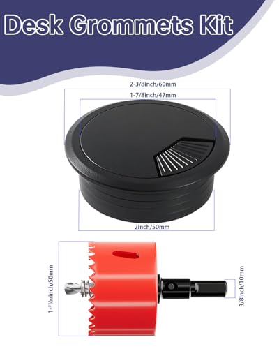 GA1FSL 2 Inch Black Desk Grommet with Hole Saw - Cable Management Kit