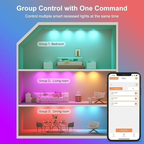 SikSog 4 Inch RGB+CCT Smart Recessed LED Downlights 12 Pack - Bluetooth & Alexa Compatible, Dimmable, 1080 Lumens, White Shell
