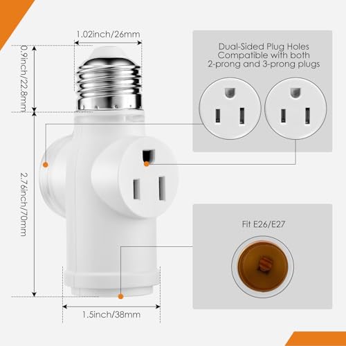 Onite 2-Pack White Light Socket Outlet Adapter - E26 to 3-Prong Outlet with Bulb Socket, Dust Cover, Indoor & Outdoor Use