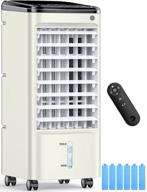 CENSTECH Windowless Air Conditioner with 6 Ice Packs, 3 Modes & 3 Speeds Swamp Cooler Air Conditioner, 12H Timer, 4L Tank for 24H Cooling, Remote, Dual Tank Portable Air Conditioners - Beige