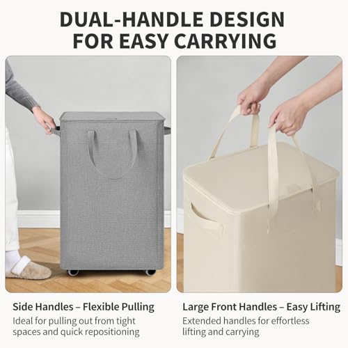 Goodpick 75L Rolling Laundry Basket with Wheels and Lid – Light Grey, 16.5 x 12.5 x 27.5 in