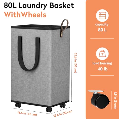 SpaceTrove 80L Grey Rolling Laundry Basket with Wheels - Detachable Wheels, Foldable Hamper