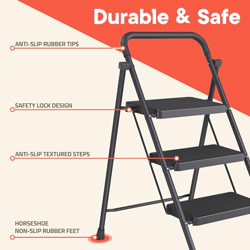 Black 3 Step Stool Foldable ? Heavy-Duty Foldable Step Stool for Adults, 500 lbs Capacity, Anti-Slip Feet & Wide Steps, Sturdy Steel Frame, Lightweight & Space-Saving Design for Home, Kitchen & Garage