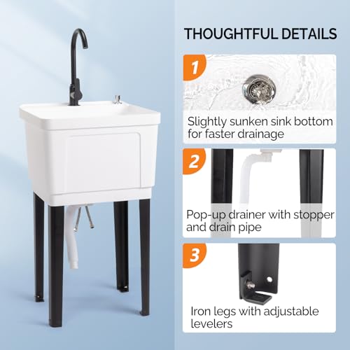 VINGLI 13-Gallon Utility Sink with Stainless Steel Faucet - White, 19.7"W x 18.9"D x 33"H