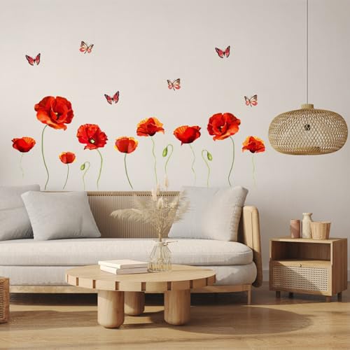 PLIGREAT Red Poppy Flowers Wall Stickers, Peel and Stick Wall Decals, Removable Vinyl Butterfly Walls Sticker for Living Room Bedroom Dining Room Home Indoor Decor DIY Art Decor