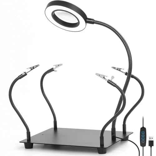 NZQXJXZ Helping Hands Soldering Station with 3x Magnifying Glass and Light, Soldering Holder Metal Circuit Board Holder 4 Flexible Metal Arms Magnetic Helping Hand for Soldering, Assembly, Repair