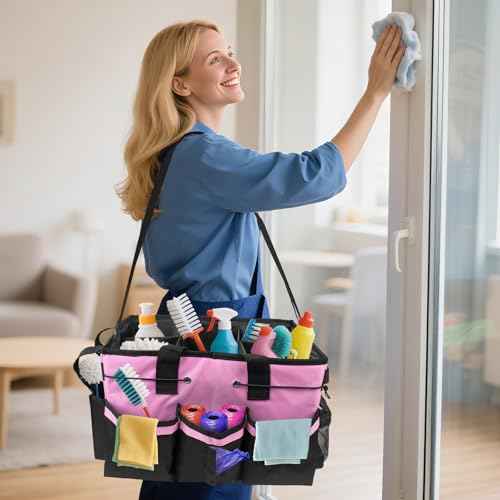 ZKOO Large Cleaning Caddy Bag with Handle, Built-in Sturdy Support Board, Adjustable Shoulder Strap, Multi-compartment Design Cleaning Supply Tote for Cleaners & Housekeepers (Pink)