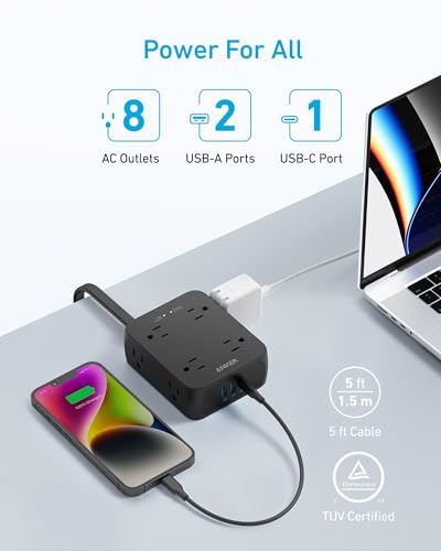 Anker Power Strip with 2000J Surge Protector, 8 Outlets, 20W USB-C, Black, 5FT Cord