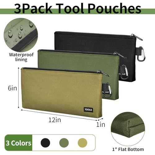 3 Pack Premium Tool Pouches Zipper Bag, 12 in Small Tools Bags with Carabiner, Heavy Duty Flat Bottom Utility Multipurpose Storage Organizer Bag for Tool, Stationary, Pencil (Tan, Navy Green, Black)