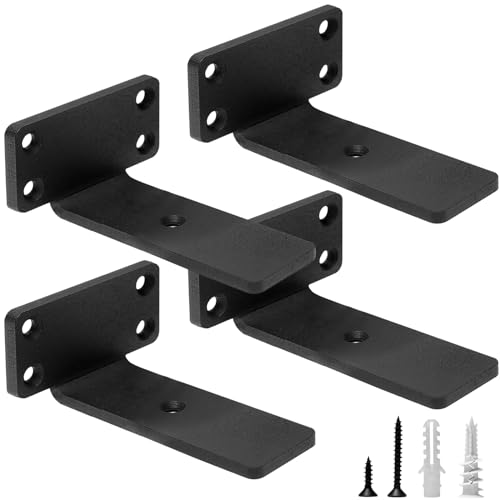 HITOMEN Heavy Duty Floating Shelf Brackets 4 Pack - 4 Inch Black Iron Wall Supports