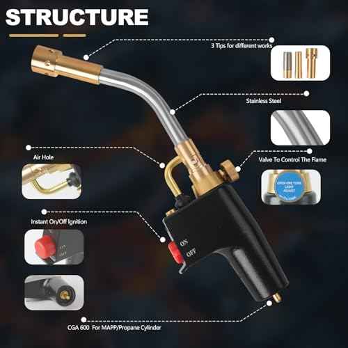 Propane Torch with 3 Tips, Instant on/off Ignition and Flame Lock. Continuous Swirl, Brush Flame for Soldering, Brazing, Woodworking and Cooking