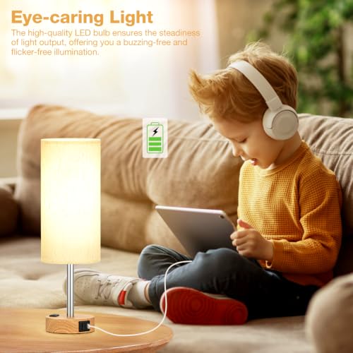 Fenmzee Cream Shade Wood Base Dimmable Touch Bedside Table Lamp with USB-C, USB-A & Outlet