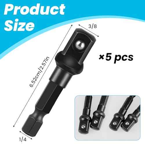3/8 Adapter For Impact Driver 5pcs Black Drill Socket Adapter 1/4 Inch To 3/8 Socket Adapter Kit Square Socket Bit Adapter For Impact Driver Automotive Diy Extension Socket Driver Bits (3/8x50mm)