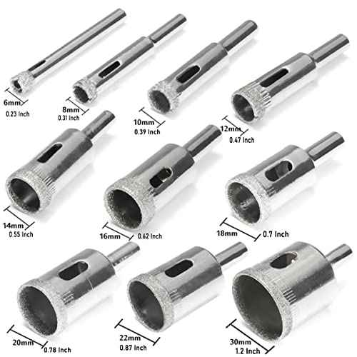 Diamond Drill Bits Set, 10 PCS Diamond Hole Saw Set, Glass Drill Bit for Ceramic Tile Porcelain Marble Granite Stone Bottles, 1/4 to 1-1/5 Inch