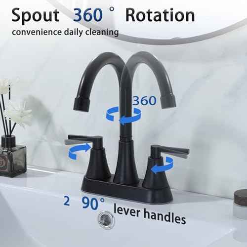 SHACO Black Bathroom Faucets for Sink 3 Hole, 2 Handle 360 Swivel Spout Stainless Steel 4 Inch Centerset Faucet for Vanity RV with Pop-up Drain and Supply Hoses, 2 Pack