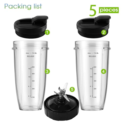 MEET JUICE 7-Fin Blender Cup & Blade Replacement Set for Ninja BL480/BL642—24oz Cups with Lids