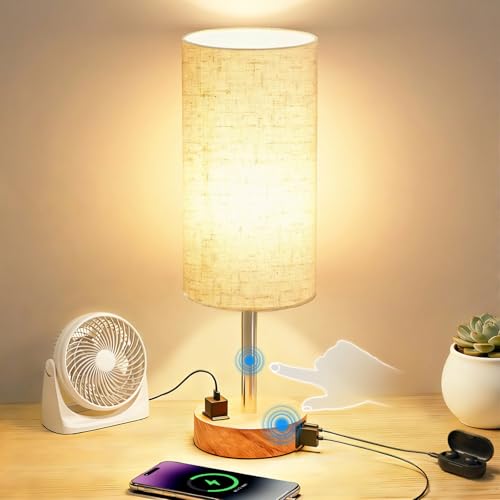 Fitfull Warm Wooden Touch Bedside Table Lamp with USB-C & AC Outlet - Model: Warm&Wooden / 1