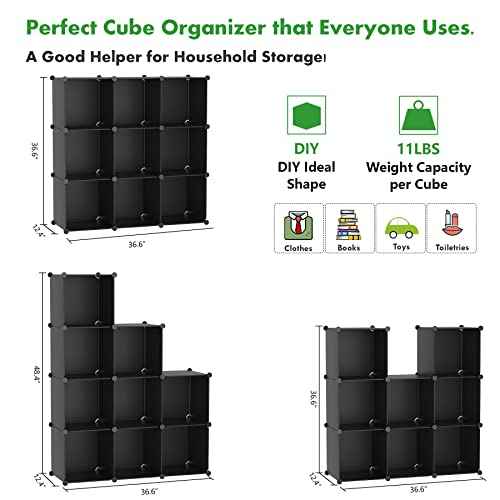 C&AHOME Cube Storage, 9-Cube Bookshelf, Plastic Closet Cabinet Organizer, DIY Stackable Bookcase, Modular Shelving Units Ideal for Home, Office, Kids Room, 36.6" L x 12.4" W x 48.4" H Black SHS3009A