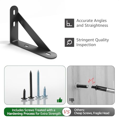 COCOYA Black 4x3 Wall Shelf Brackets 6 Pack with Screws & Anchors