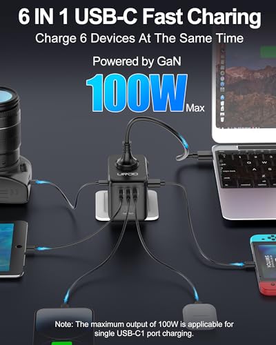 URJD 100W GaN Travel Adapter with 5 USB Ports & 2500W Outlet - Black & White
