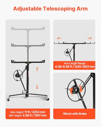 VEVOR 11ft Heavy-Duty Drywall Lift with Black Finish - 150 lbs Capacity, Adjustable & Mobile Sheetrock Hoist