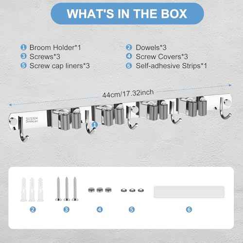 Mop and Broom Holder Wall Mounted, 4 Racks and 5 Hooks Broom, Upgraded Stainless Steel Broom Holder Self Adhesive, Broom Organizer, Tools Organizer for Home Kitchen bathroom Garden balcony