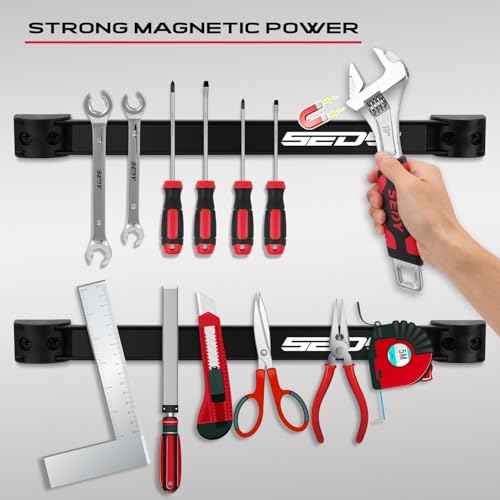 SEDY 7-Piece 12" Magnetic Tool Holder Storage Organizer, Garage Wall Mount Rack Organization Strip Power Magnet Organizers Mounted Workbench Board Slatwall Van Hanger