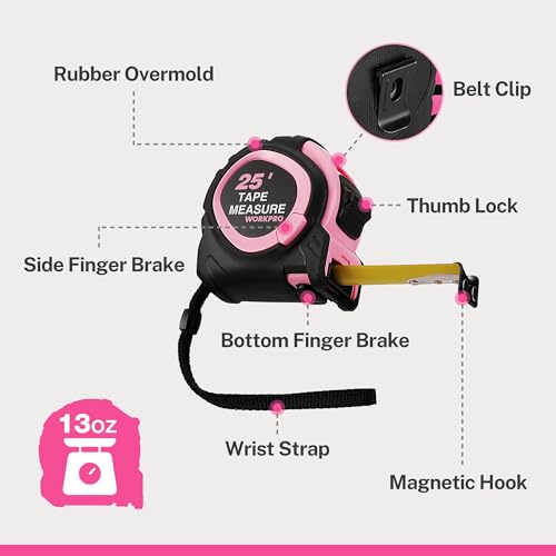 WORKPRO 25-FT Tape Measure with Fractions, Magnetic Hook, Nylon Coated Blade, Compact Locking Tool, Pink