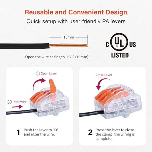 Lever Wire Connectors 50PCS 3-Port 28-12 AWG Reusable Electrical Nuts