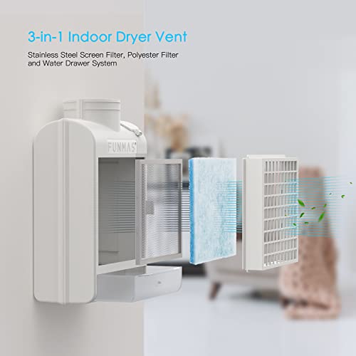 FUNMAS 3-in-1 Indoor Dryer Vent (White) Stainless Steel Filter, Water Drawer & 4 Polyester Filters